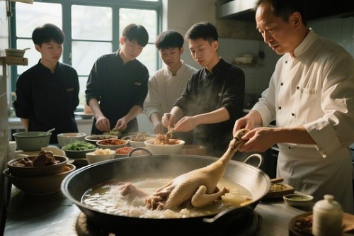 老师傅带几个学员做火锅鹅