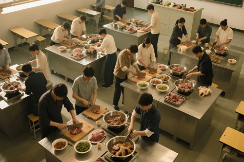 专业烹饪培训班学习制作狗肉火锅的场景