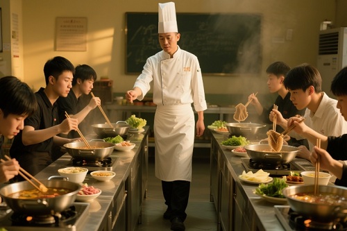学员们在老师的指导下亲自操作火锅