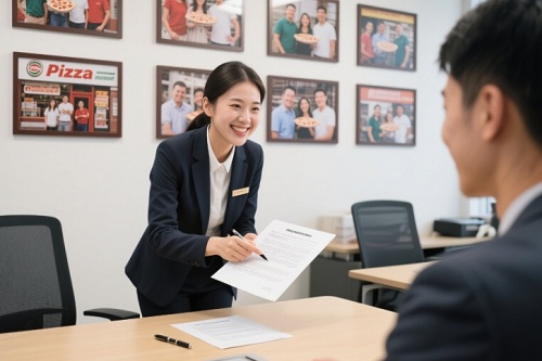 煌旗客服微笑着为一位学员讲解合同条款