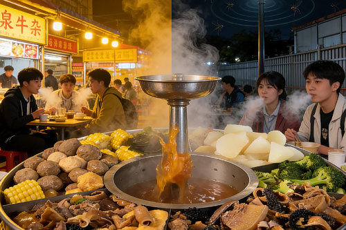 摆摊卖喷泉牛杂生意火爆